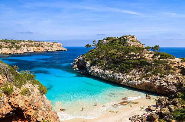 View of Cala des Moro beach and its azure blue water, Majorca island, Spain