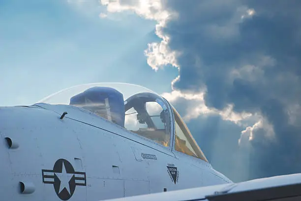 Close up view of fighter plane on background of stormy sky.