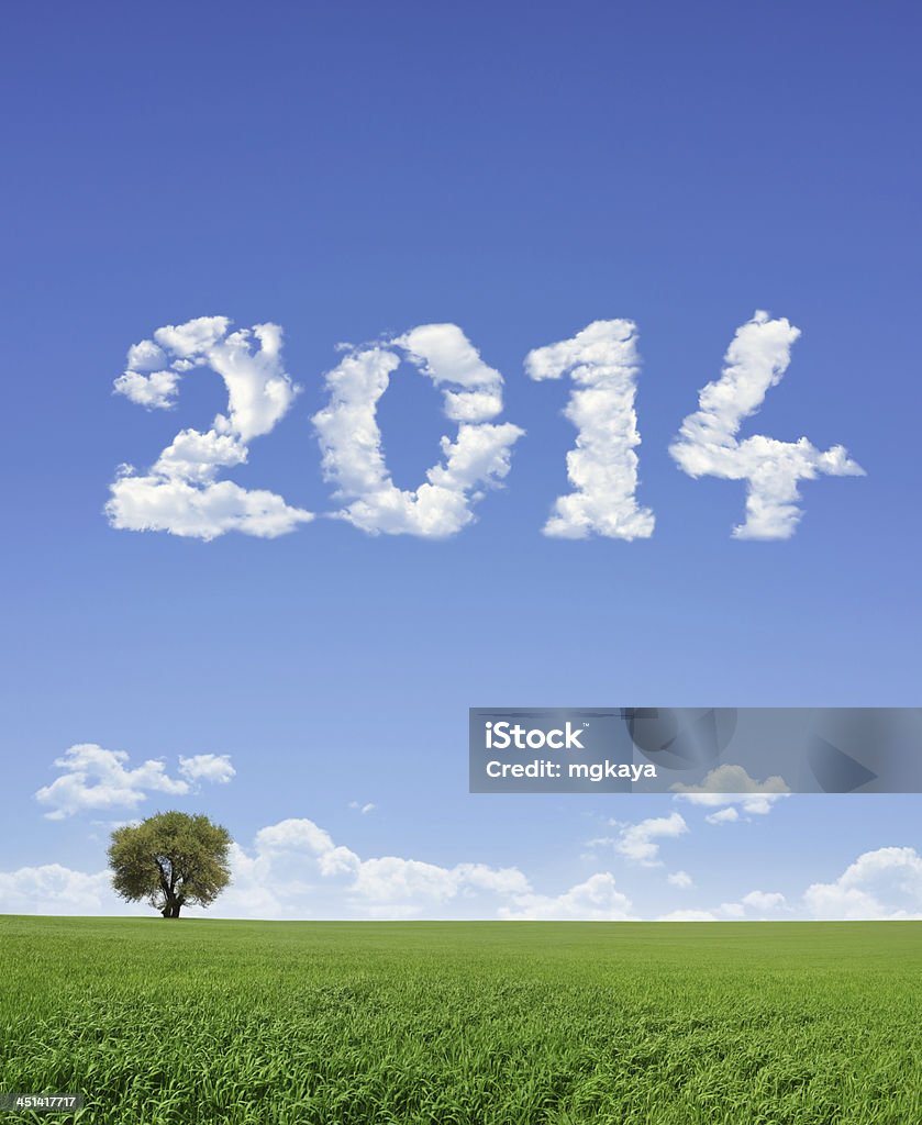 New Year 2014 And Field Lonely tree and green field landscape with clouds in the shape of "2014". (Vertical version) 2014 Stock Photo