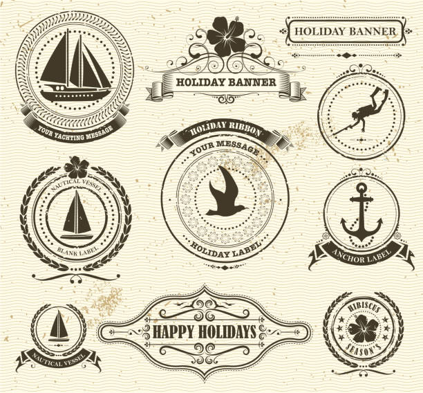 illustrazioni stock, clip art, cartoni animati e icone di tendenza di etichette di vacanza - nautical vessel wave pattern old fashioned summer
