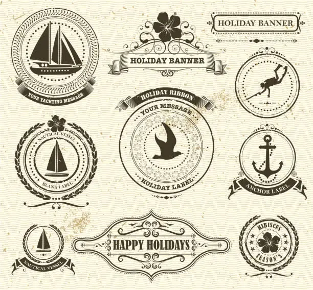 Vector illustration of A set of holiday labels with a nautical theme on beige
