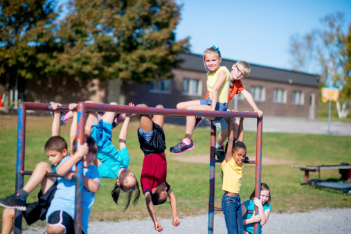 A group of elementary children playing on the monkey bars.