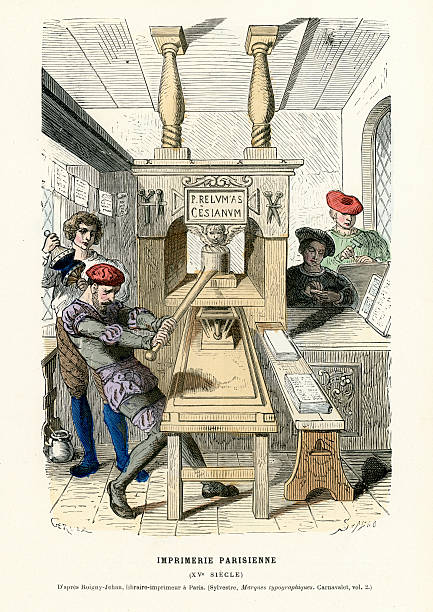 Parisian printing Vintage colour engraving of a Parisian printing press, France, 15th Century printing plate photos stock illustrations