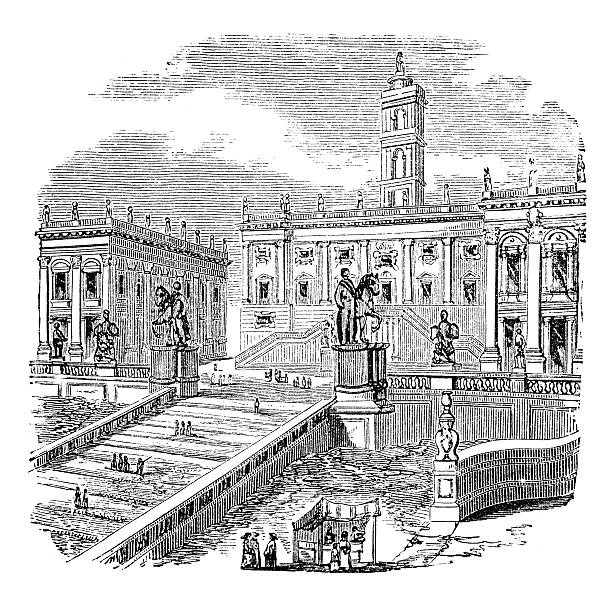 19th century engraving of the Capitol, Rome, Italy photographed from a book  titled 'Italian Pictures Drawn with Pen and Pencil' published in London ca. 1870.  Copyright has expired on this artwork. Digitally restored. capitoline hill stock illustrations