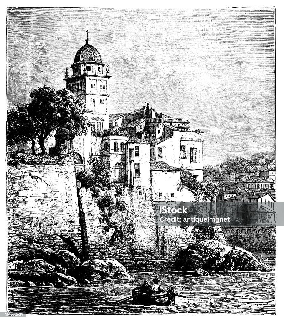 19th century view of Genoa, Italy photographed from a book  titled 'Italian Pictures Drawn with Pen and Pencil' published in London ca. 1870.  Copyright has expired on this artwork. Digitally restored. Coastline stock illustration