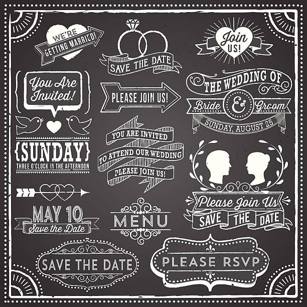 ilustraciones, imágenes clip art, dibujos animados e iconos de stock de vintage invitación de boda con elementos on chalkboard - wedding invitation wedding greeting card heart shape