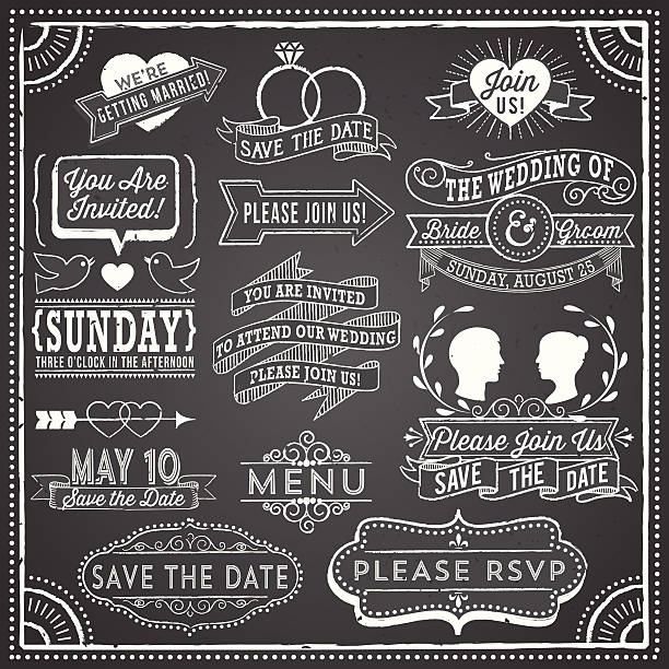 illustrations, cliparts, dessins animés et icônes de invitation de mariage vintage éléments au tableau - blackboard frame retro revival chalk drawing