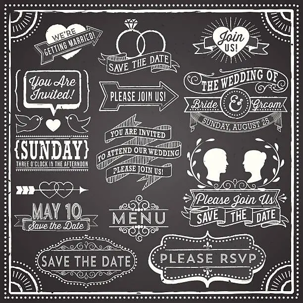 Vector illustration of Vintage wedding invitation elements on chalkboard