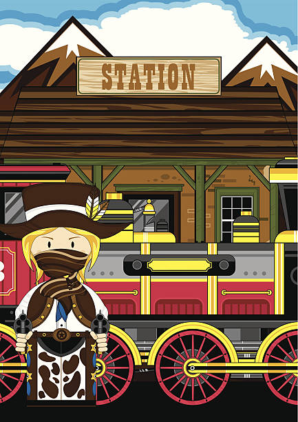 Cowgirl Sheriff at Train Station Vector Illustration of a cartoon Wild West Style Train with Cowgirl Cowboy Sheriff at Train Station. girl with cowboy hat stock illustrations