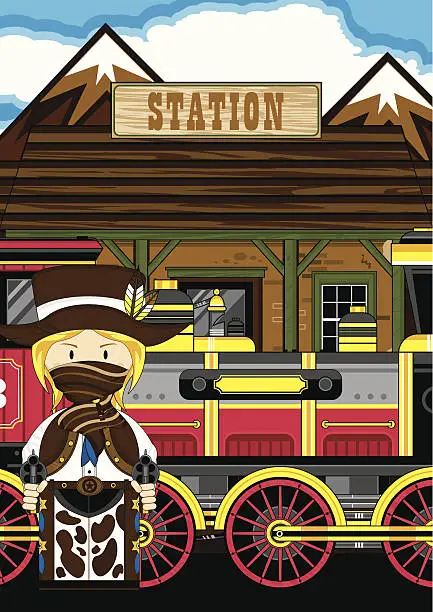 Vector illustration of Cowgirl Sheriff at Train Station