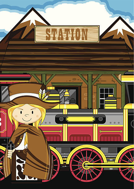 Cowgirl Cowboy at Train Station Vector Illustration of a cartoon Wild West Style Train with Cowgirl Cowboy at Train Station. girl with cowboy hat stock illustrations