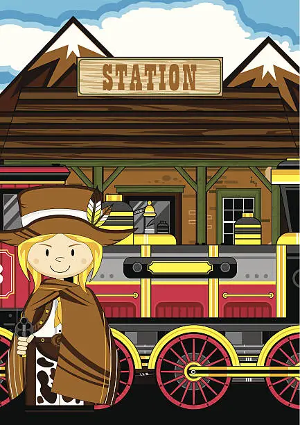 Vector illustration of Cowgirl Cowboy at Train Station