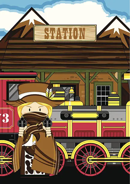Vector illustration of Cowgirl Outlaw at Train Station