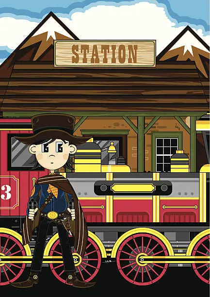 Vector illustration of Cowboy Sheriff at Train Station