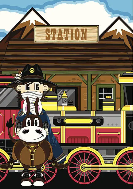 Vector illustration of Cowboy on Horse at Train Station