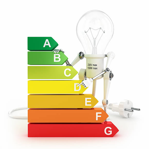 istock Energy efficiency rating and robot lamp 451537105