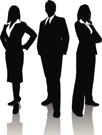 Silhouettes of three confident members of a business team. Files included – jpg, ai (version 8 and CS3), and eps (version 8)