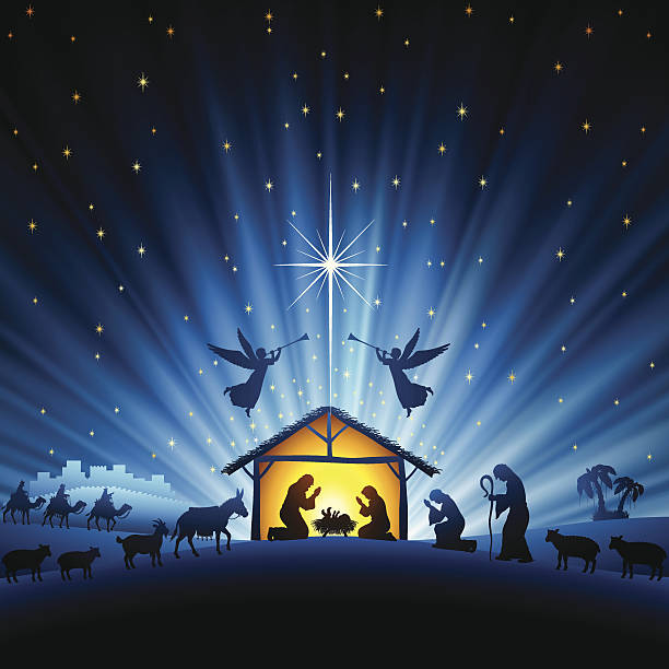 Holy Night Scene High Resolution JPG,CS5 AI and Illustrator EPS 8 included. Each element is named,grouped and layered separately. Very easy to edit. nativity scene stock illustrations