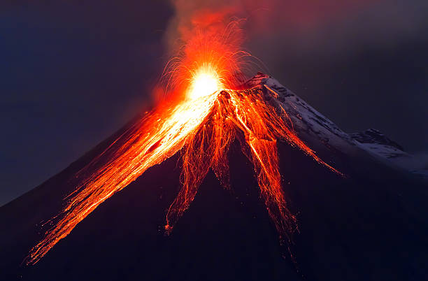 Close up volcano eruption (Tungurahua) Long exposure of Tungurahua volcano with blue skyes erupting photos stock pictures, royalty-free photos & images