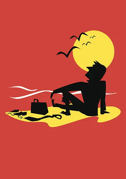 Vector illustration of Executive relaxing watching sunset or sunrise.