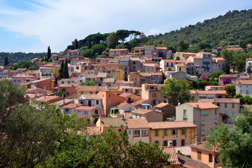 Houses and roofs of village Bormes-les-Mimosas mediterranean region, commune in the Var department, Provence, Côte d'Azur and Alps region, in the south of France
