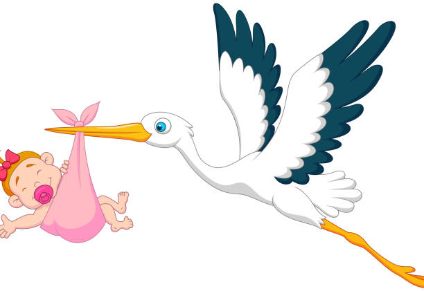 istock Cartoon stork with baby girl 451573977