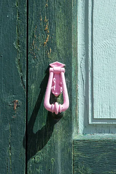 La Palma, 2013, the North West - pink door knocker on a green door in Las Tricias