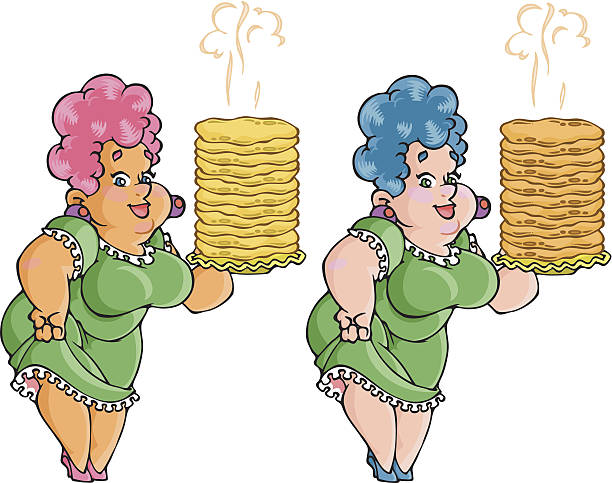 Housewife Kinds of cartoon housewife with different skin color. Woman dressed in green dress, she have a big hair, and she takes the bake in the hand. Illustration done in cartoon style. middle aged woman cooking stock illustrations