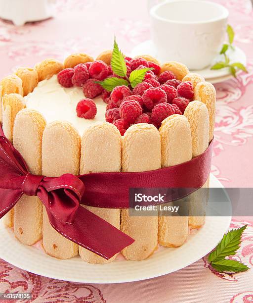 Cake Charlotte With Raspberries And Cream Selective Focus Stock Photo - Download Image Now