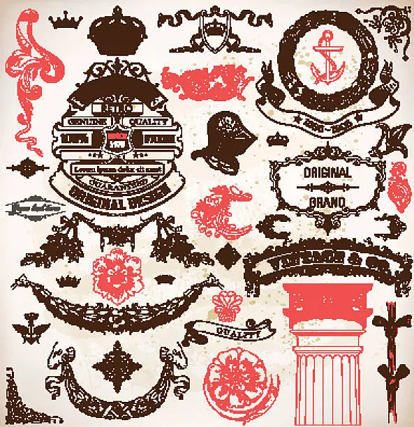 Vector illustration of Retro design set, floral and heraldic details.