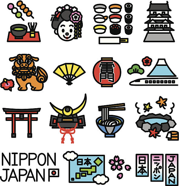 Japanese tourist attractions set Japanese tourist attractions, sightseeing set, vector file bullet train mount fuji stock illustrations