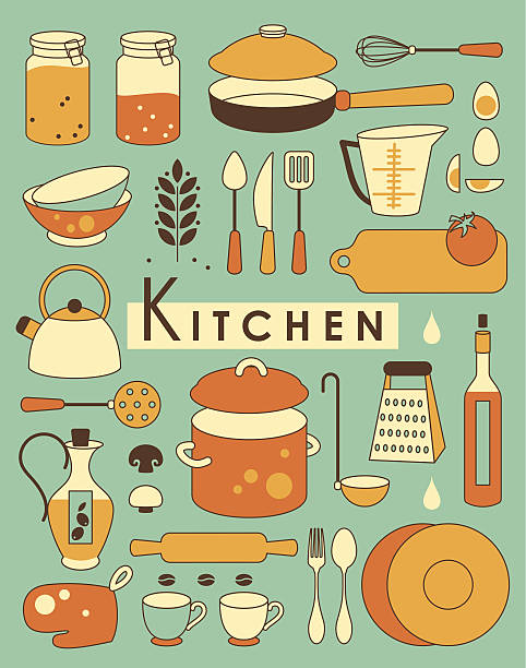 ilustraciones, imágenes clip art, dibujos animados e iconos de stock de juego de cocina - retro revival old fashioned cooking silhouette