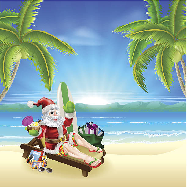 ilustrações, clipart, desenhos animados e ícones de santa relaxante na praia ensolarada quente - beach sunlight surfboard santa claus