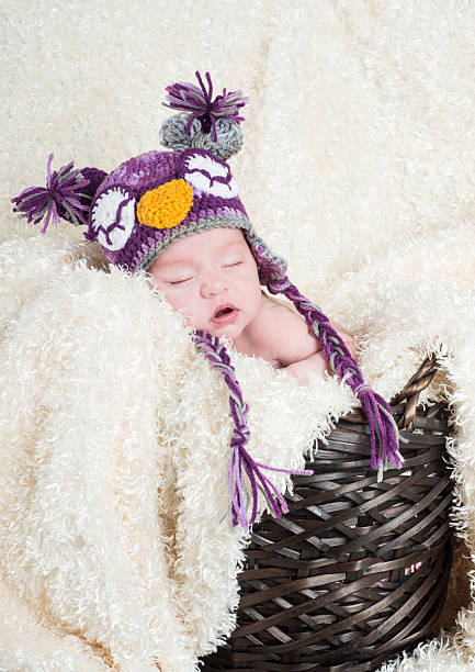 istock Sleeping baby in woven basket wearing a crocheted owl hat 451592009