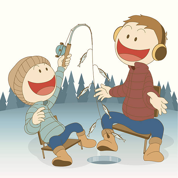 ilustrações de stock, clip art, desenhos animados e ícones de icefishing_family - winter men joy leisure activity