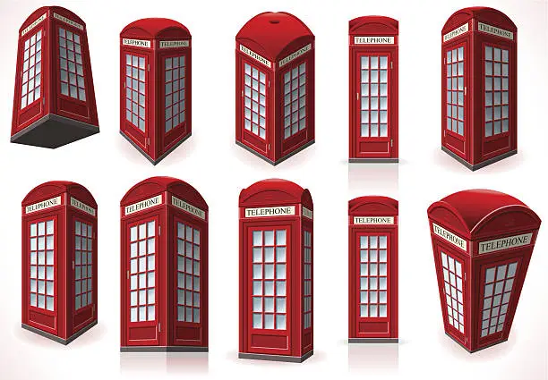 Vector illustration of Set of English Red Telephone Cabin