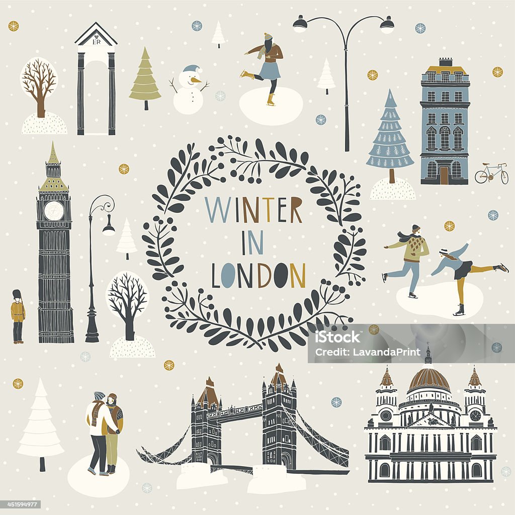 Winter in London Winter in London card design in cool winter colours with ice skaters and young lovers amongst historical landmarks and a central foliate wreath enclosing the text and greeting, CMYK Christmas stock vector