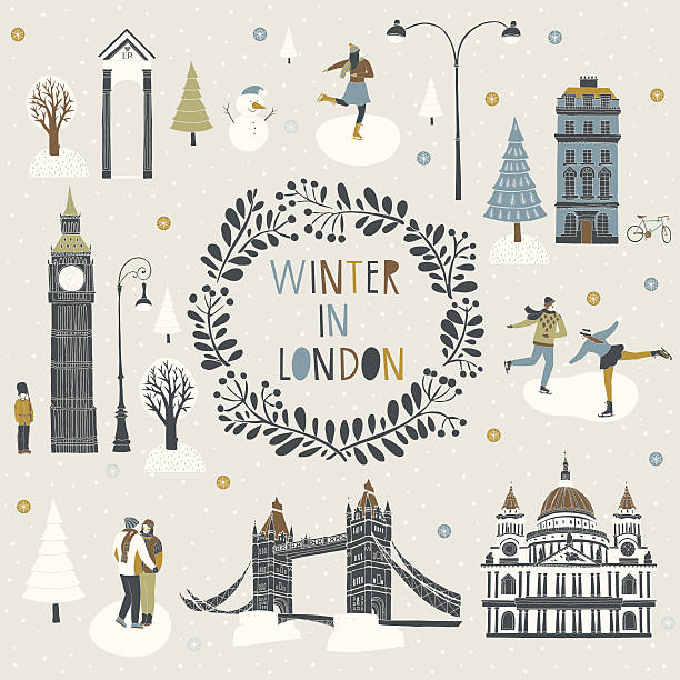Winter in London Winter in London card design in cool winter colours with ice skaters and young lovers amongst historical landmarks and a central foliate wreath enclosing the text and greeting, CMYK winter wonderland london stock illustrations