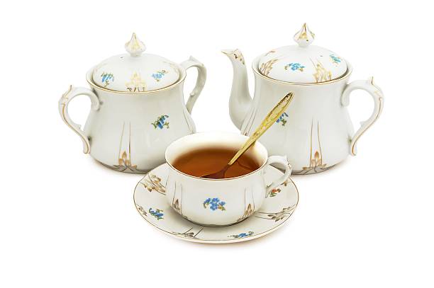 Vintage porcelain tea set on a white background