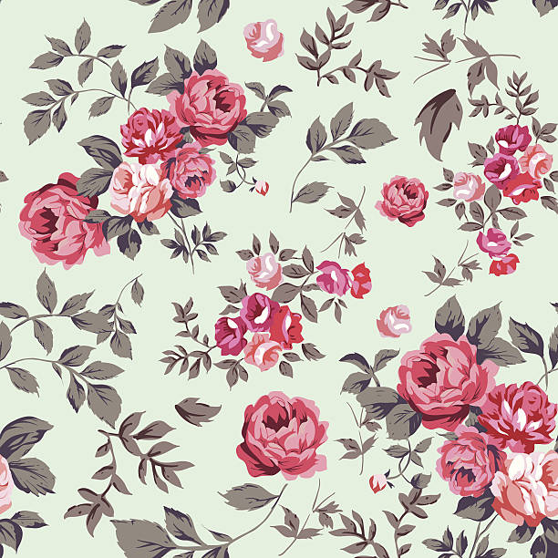 ilustrações de stock, clip art, desenhos animados e ícones de rosas e folhas padrão de fundo - floral pattern retro revival old fashioned flower