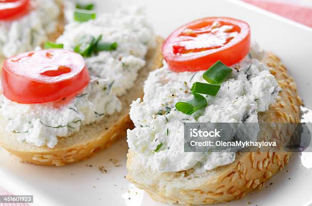 Cottage Cheese Bruschettas Stock Photo - Download Image Now - Appetizer, Bread, Breakfast