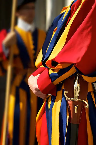 Detail of the colorful uniform the Swiss Guard wears near St. Peter's Basilica