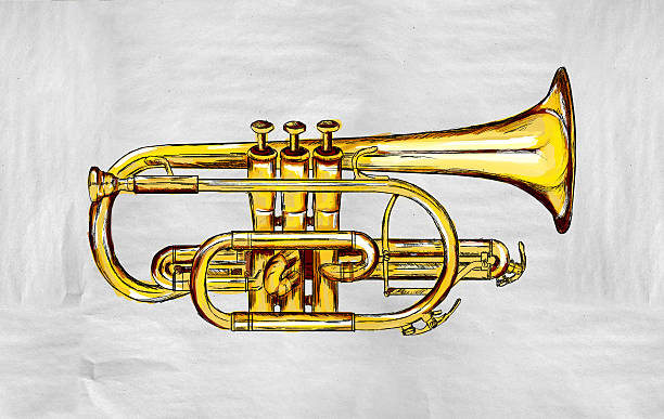 ilustrações, clipart, desenhos animados e ícones de trompete pintura de imagem - watercolor paper audio