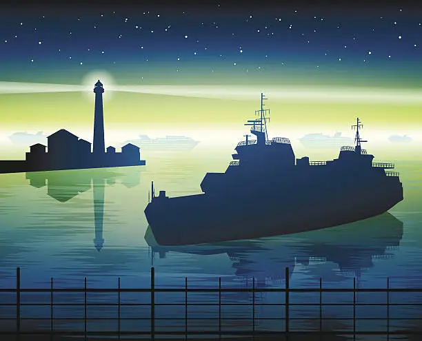 Vector illustration of lighthouse and ship