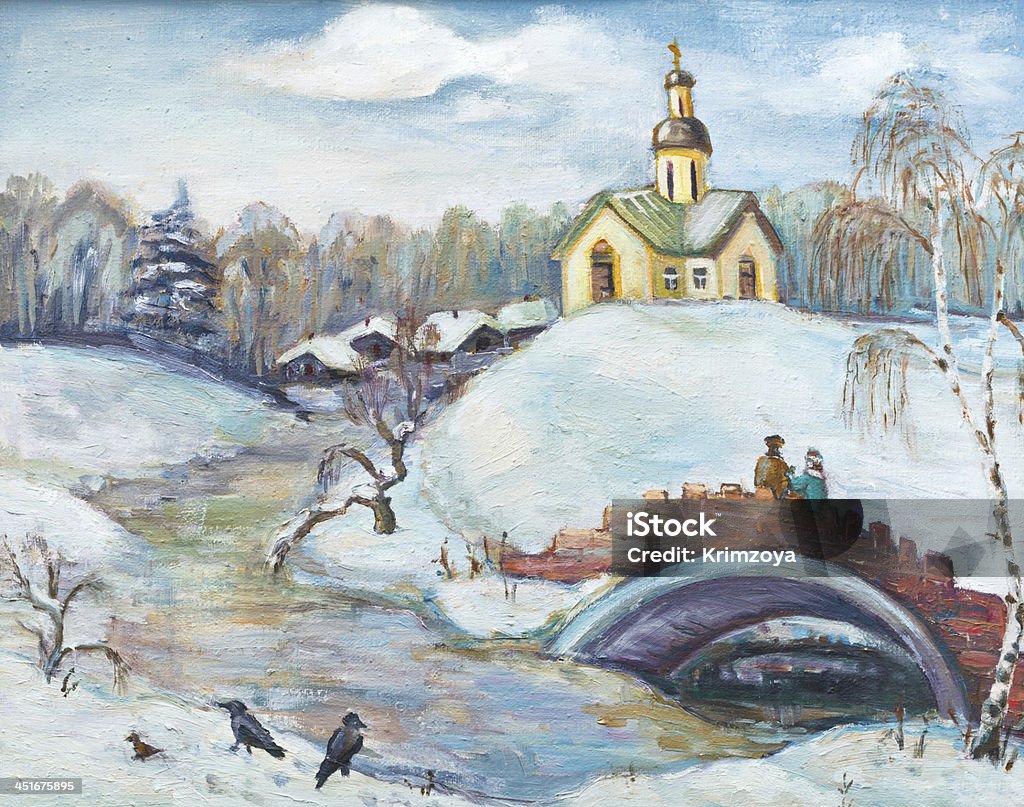 Winter landscape. Marfino Winter. Brige over frozen river Bird stock illustration