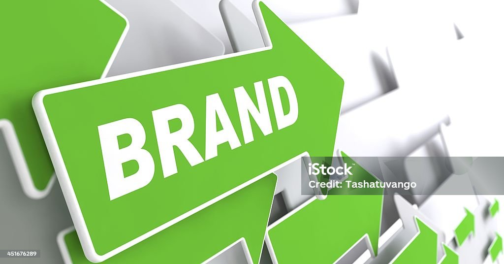Brand. Business Concept. Brand - Business Concept. Green Arrow with "Brand" Word on a Grey Background. Rebranding Stock Photo