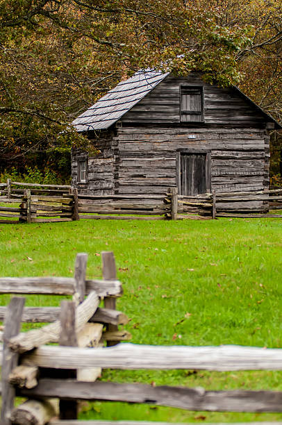 istock Beautiful Autumn scene showing rustic old log cabin surrounded b 451679139