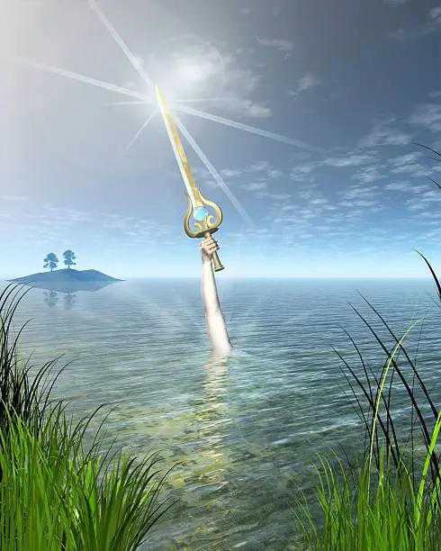 The Lady of the Lake Ninianne or Nimue from Arthurian legend holding the enchanted sword Excalibur above the water, 3d digitally rendered illustration.