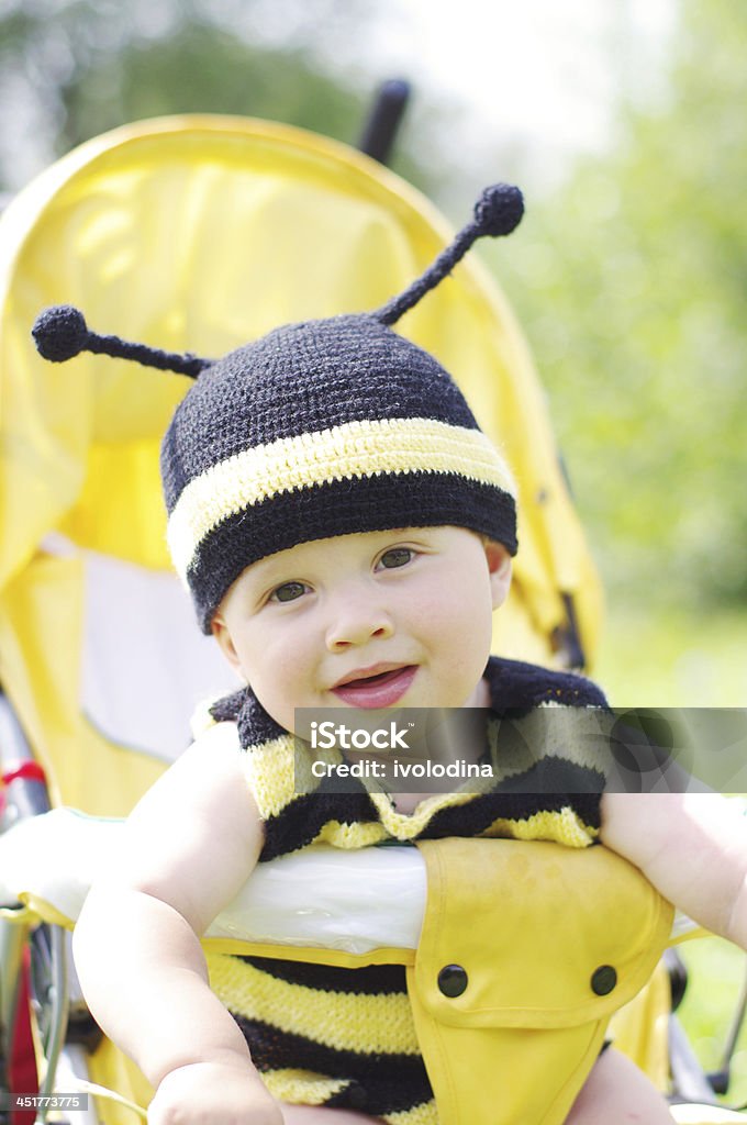 funny baby in bee costume on buggy funny baby age of 10 months in bee costume on baby carriage Baby - Human Age Stock Photo