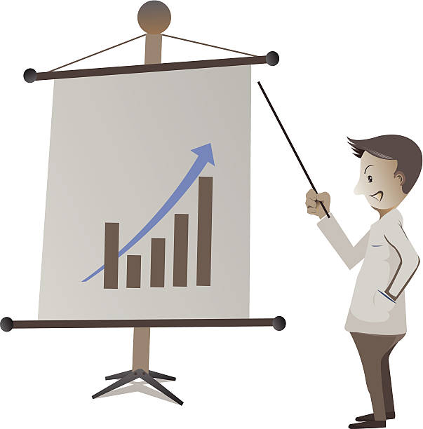 businessman give presentation on white background a businessman give presentation about the economic chart on white background transparent board stock illustrations